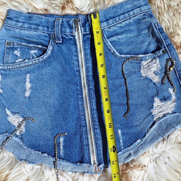 Carmar LF zip up denim cutoff rhinestone mini skirt distressed sexy frayed jean - Picture 3 of 6
